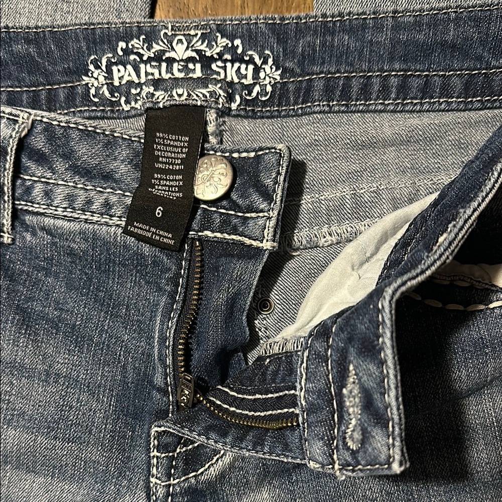 Paisley Sky Blue Boot Cut Jeans with Embroidery and Distressed Details. Size 6 - Picture 6 of 13